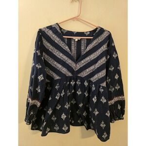 Lucky Brand Womens‎ Medium Navy Blue V Neck Top Boho Peasant Babydoll Blouse